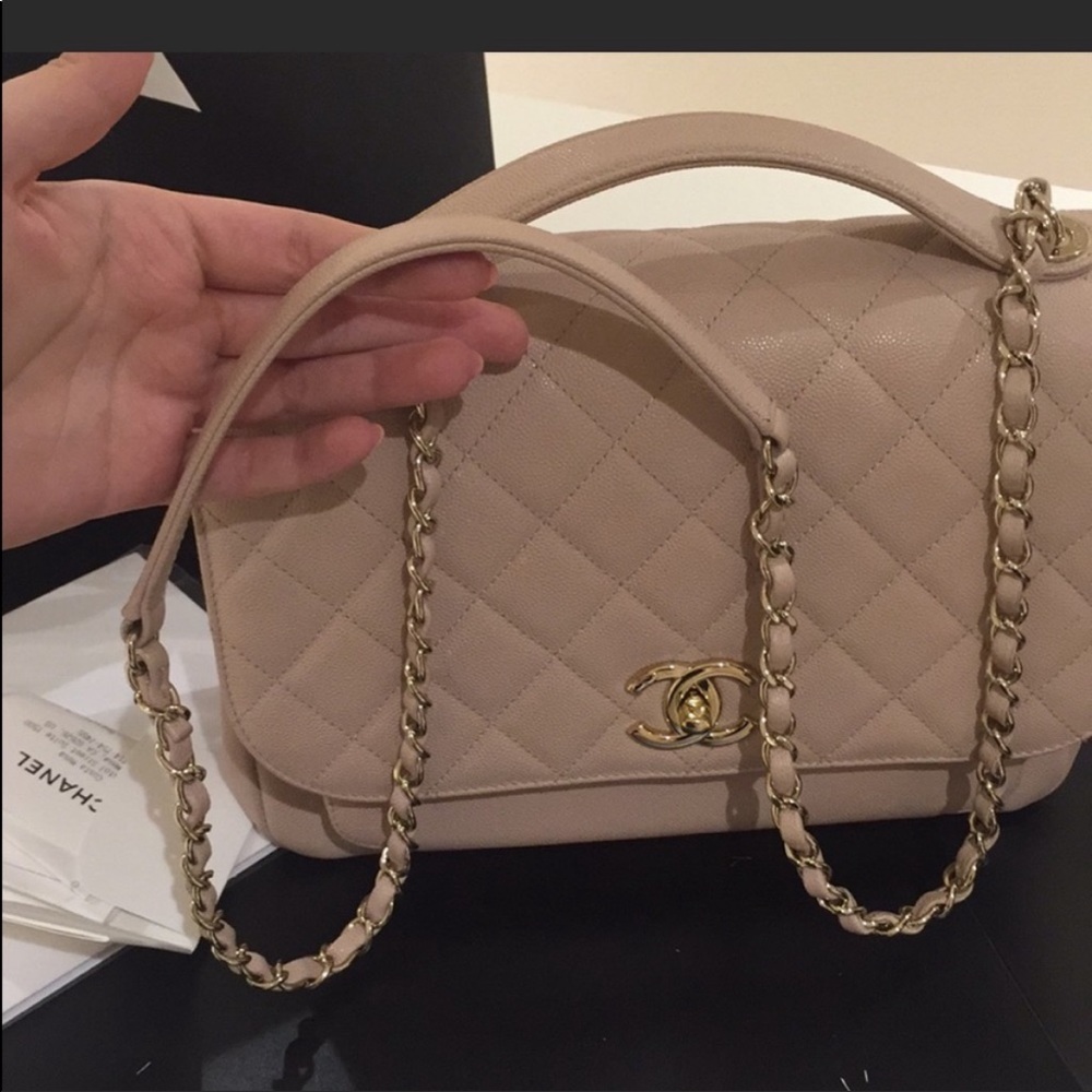 CHANEL Beige Quilted Bag with Gold Chain